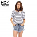 HDY Haoduoyi Stripe Fashion Women T-shirt Black Contrast White O Neck Casual Tops Streetwear Brief Natural Female Tees