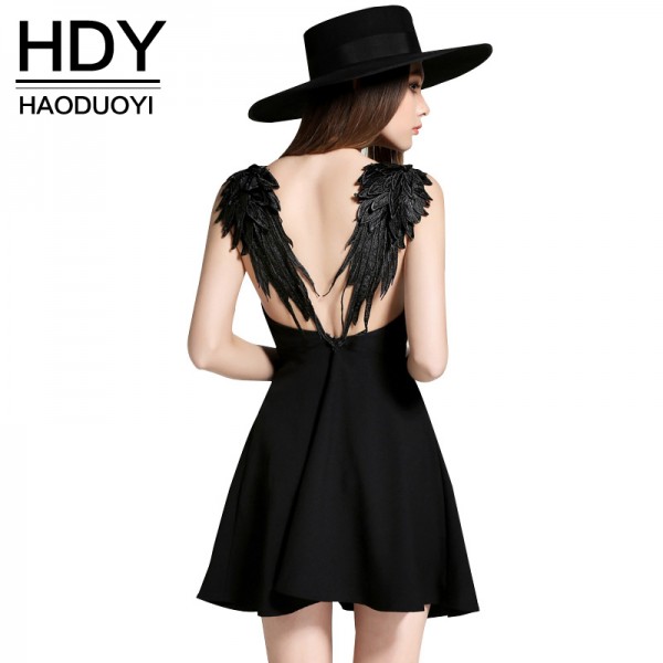 HDY Haoduoyi Women Dress Sexy Braces Dress Casual Party Dress Lace Angle Wings Beach Dress Solid Backless Mini Dress Vestidos