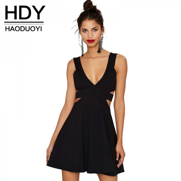 HDY Haoduoyi Women V-neck Mini Black Dress Solid Cut Out Waist Zipper Backless NightClub Party Dresses Little Black Dress 