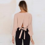 HDY Haoduoyi Womens Fashion Backless Solid Three Quarter Sleeve Crop Tops Drawstring Buttons Lady T-shirts For Wholesale