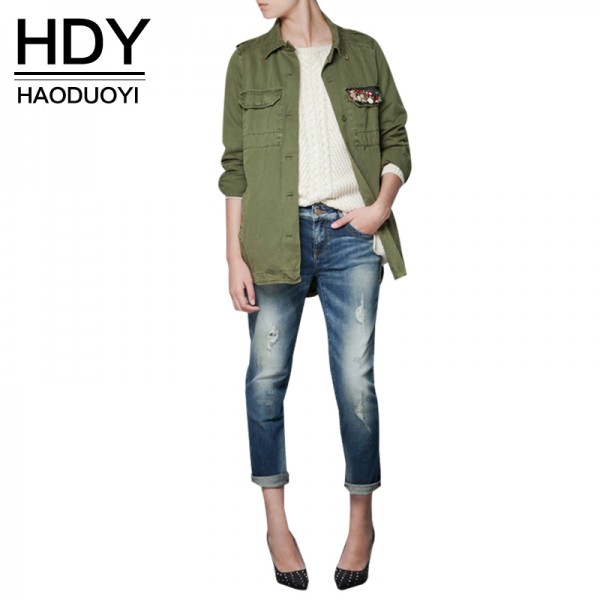 HDY Haoduoyi navy green short trench  turn-down collar Outwears diamond women Coats for wholesale