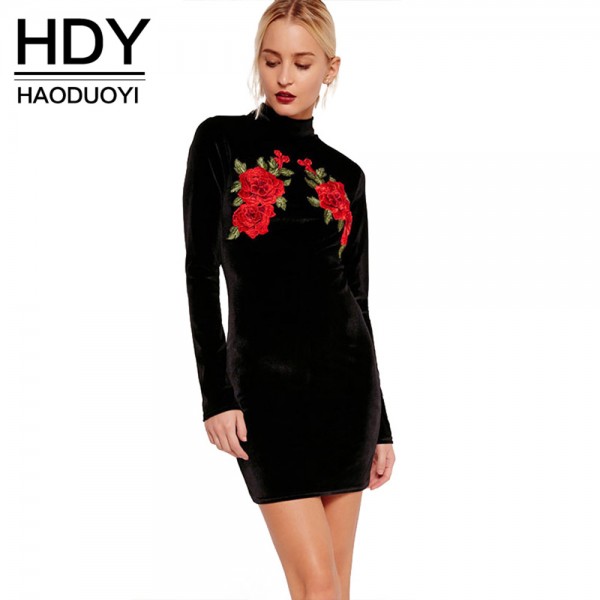 HDY haoduoyi Autumn Black Women Mini Dress Long Sleeve High Collar Casual Dress Vestidos Vintage Bodycon Dress For Female 