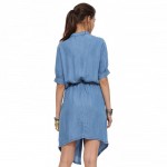 HEE GRAND 2017 Jeans Solid Casual Summer Dress Women Asymmetrical Sashes Half Sleeve Medium Length Preppy Style Dress WQL4664