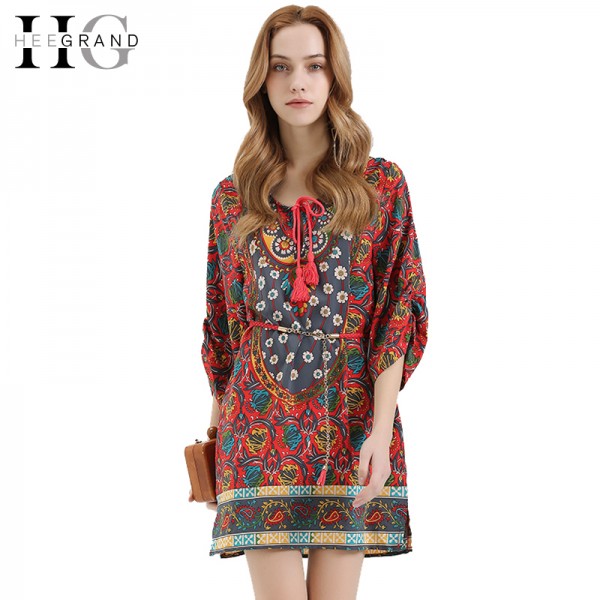 HEE GRAND 2018 Summer Bohemian Women Dress O-Neck Drawstring Floral Summer Dress Vestido Half Sleeve Dress Without Belt LCL1216