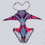 HELLO BEACH One Piece SwimSuit Totem Printed Swimwear Bathing Suit Women Bodysuit High Neck Monokini Beachwear High NeckTrikini