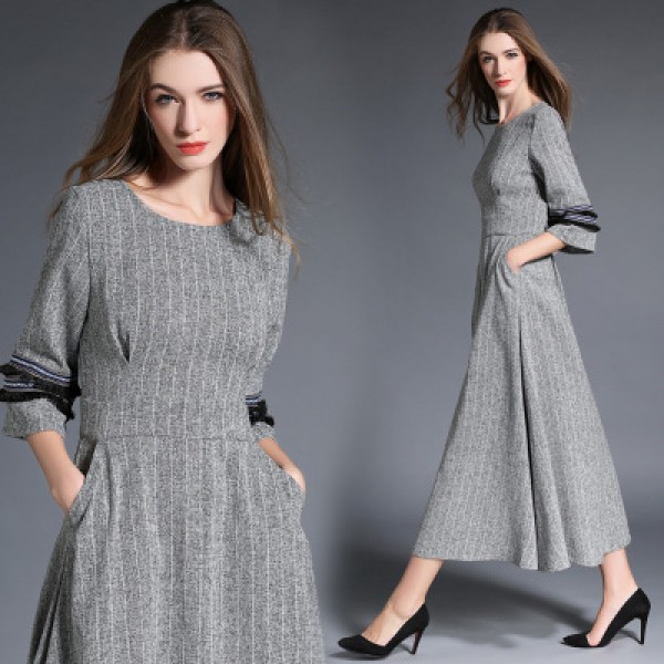 HIGH QUALITY New Fashion 2017 Designer Maxi Dress Women's 3/4 Sleeve Slit Vintage Casual Long Dress