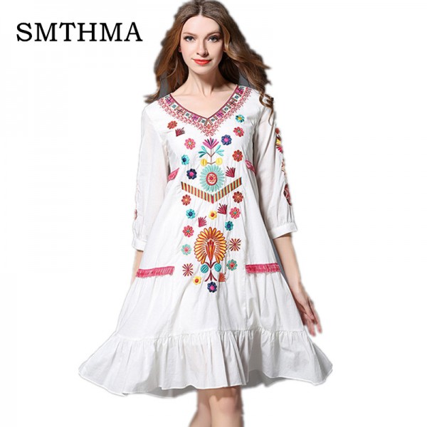 HIGH QUALITY New Fashion 2017 spring Dress Women's  V-neck Bohemia Embroidery Dress
