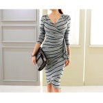 HIGH QUALITY Newest Fashion 2017 Runway v-neck Dress Women's Long Sleeve Luxury  Stretch stripe Bodycon  Dress