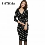 HIGH QUALITY Newest Fashion 2017 Runway v-neck Dress Women's Long Sleeve Luxury  Stretch stripe Bodycon  Dress