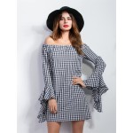 H.SA Spring New Arrivals Women Mini Dresses Black and White Plaid Sexy Midi Vestidos Summer bandage dress Slash Neck Loose Robe