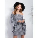 H.SA Spring New Arrivals Women Mini Dresses Black and White Plaid Sexy Midi Vestidos Summer bandage dress Slash Neck Loose Robe