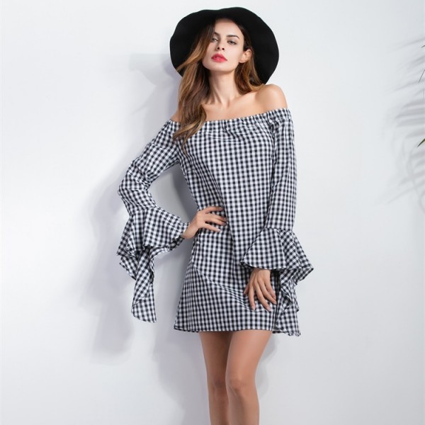 H.SA Spring New Arrivals Women Mini Dresses Black and White Plaid Sexy Midi Vestidos Summer bandage dress Slash Neck Loose Robe