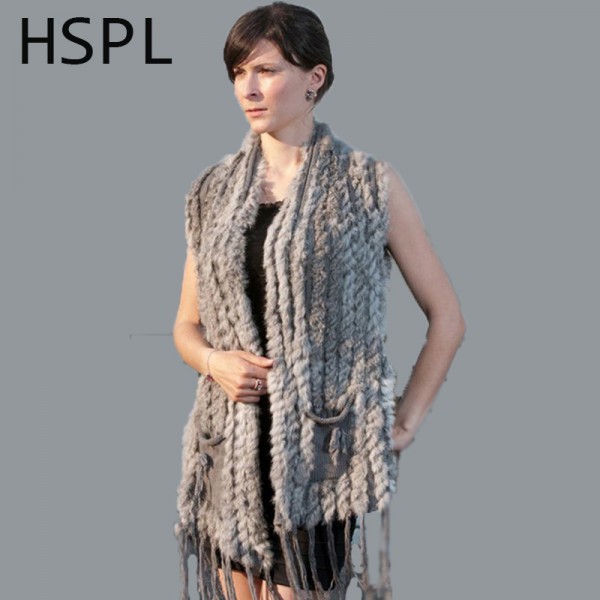 HSPL Knitted Fur Vest 2017 New Hot Sale Fashion Long Cashmere Knitted Real Fur Tassel Pocket Rabbit Vest colete feminino franjas