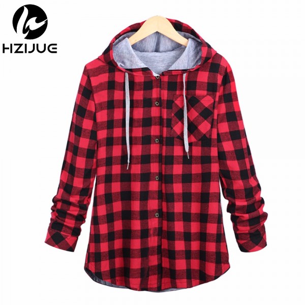 HZIJUE Fashion Women Hoodies Cotton Autumn Winter Coat Long Sleeve Plaid cotton Hoodies Casual button hooded Sweatshirt Oversize