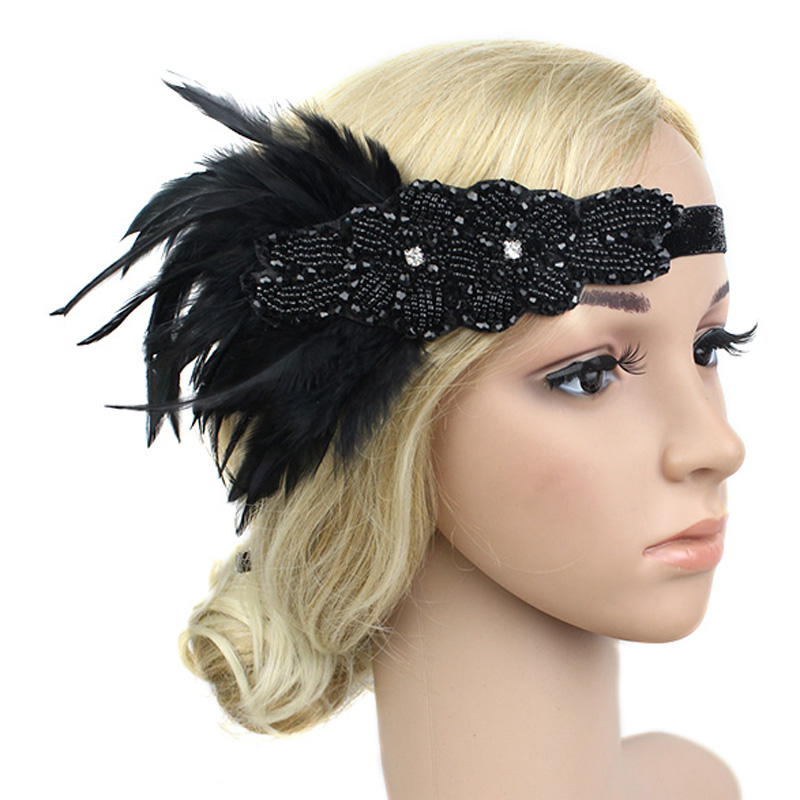 Hair Accessories Black Rhinestone Beaded Sequin Hair Band 1920s