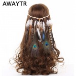 Hair Feathers Headband for Women Girl 2017 Fashion Boho Hair Accessories Indian Beads Gypsy Feather Knitted Belt Hair Band
