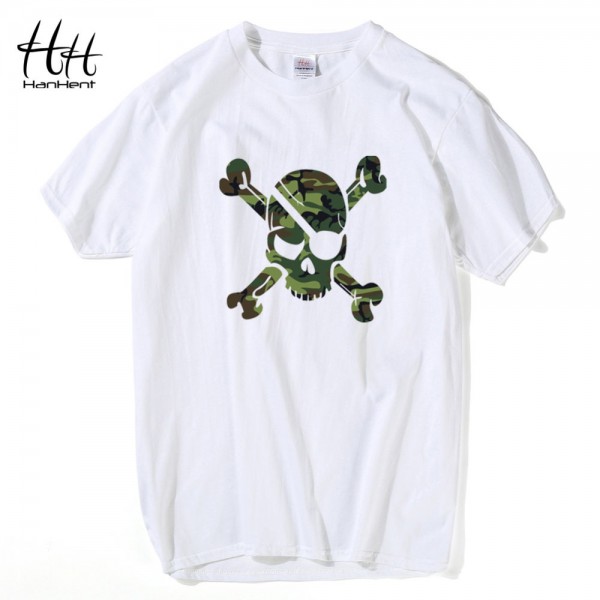 HanHent  Camouflage Skull T shirt Men Pirates Short Sleeve Men T-shirts Casual Cotton Fitness Clothing USA Russia Amry Military