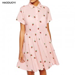Haoduoyi 2017 New Summer Strawberry Print Casual Dresses Women POLO Collar Beach Boho Dress Sheer Mini Dress Plus Size Vestidos