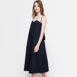 Haoduoyi 2017 Summer Fashion Women Solid Deep Blue Casual Off Shoulder Shift Dress Sexy Backless Sashes Spaghetti Strap Dress