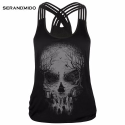 Harajuku Skull Tank Top Women Summer Sleeveless Shirt Workout Cross Camisole Blusa Skull Print Sexy Backless Tops SM17V101