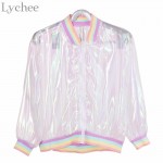 Harajuku Summer Women Jacket Laser Rainbow Symphony Hologram Women BasicCoat Clear Iridescent Transparent Bomber Jacket Sunproof