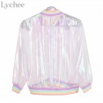 Harajuku Summer Women Jacket Laser Rainbow Symphony Hologram Women BasicCoat Clear Iridescent Transparent Bomber Jacket Sunproof