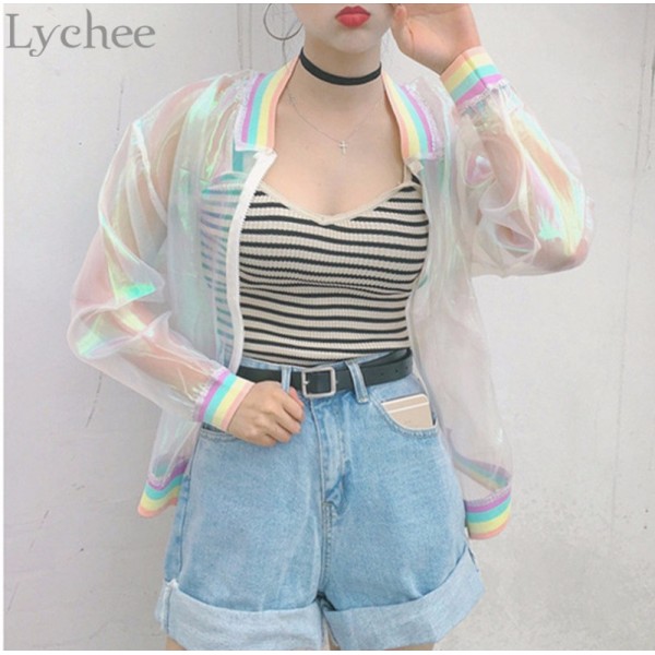 Harajuku Summer Women Jacket Laser Rainbow Symphony Hologram Women BasicCoat Clear Iridescent Transparent Bomber Jacket Sunproof