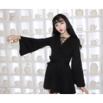 Harajuku V-Neck Bandage Sexy Black Dress Ladies Korean Girl Pagoda Sleeve Long Sleeve Bandage Punk Dress