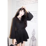 Harajuku V-Neck Bandage Sexy Black Dress Ladies Korean Girl Pagoda Sleeve Long Sleeve Bandage Punk Dress