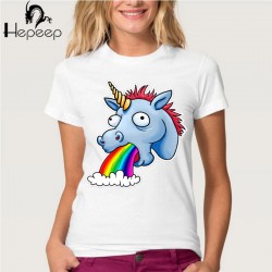 Hepeep brand+Personalized creative Design Vomiting rainbow unicorn print T-shirt women's short sleeve cute tops Ladies tee shirt