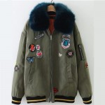 Heyouthoney Military Army green embroidered bomber jacket Fake fur Collar cotton patch femme spring winter outwear tops silver