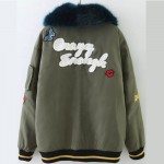 Heyouthoney Military Army green embroidered bomber jacket Fake fur Collar cotton patch femme spring winter outwear tops silver