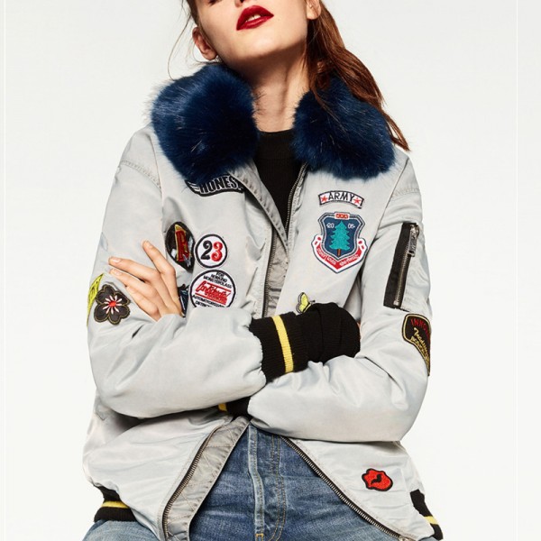 Heyouthoney Military Army green embroidered bomber jacket Fake fur Collar cotton patch femme spring winter outwear tops silver