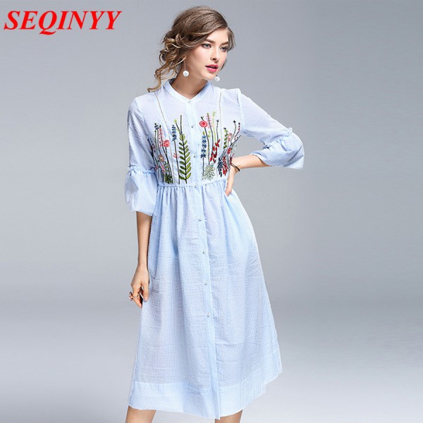 High End Mid Calf Dress Female Spring Summer 2017 Half Butterfly Sleeve Floral Embroidery Empire Sweet Brief Fashion New Dress