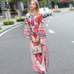 High Quality 2016 Runway Designer Maxi Dress Women's Flare Sleeve Rose Floral Printed Split Casual Loose Holiday Long Dress 