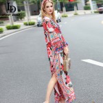 High Quality 2016 Runway Designer Maxi Dress Women's Flare Sleeve Rose Floral Printed Split Casual Loose Holiday Long Dress 