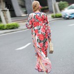High Quality 2016 Runway Designer Maxi Dress Women's Flare Sleeve Rose Floral Printed Split Casual Loose Holiday Long Dress 
