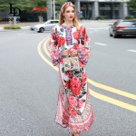 High Quality 2016 Runway Designer Maxi Dress Women's Flare Sleeve Rose Floral Printed Split Casual Loose Holiday Long Dress 