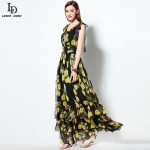 High Quality 2016 Summer Runway Designer Elegant Vintage Long Dress Women's Sleeveless Tiered Printed Maxi Party Dresses