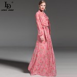 High Quality 2017 Fashion Runway Maxi Dress Women's Long Sleeve Bowknot collar Elegant Floral Printed Floor Length Long Dress