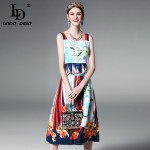 High Quality 2017 Runway Designer Summer Dress Women's Elegant Spaghetti Strap Casual Floral Printed Pleated Dress 