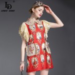 High Quality 2017 Runway Dress Women's Lace Sleeve Crystal Button Pockets Floral Embroidery Printed Straight Vintage Dress