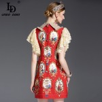 High Quality 2017 Runway Dress Women's Lace Sleeve Crystal Button Pockets Floral Embroidery Printed Straight Vintage Dress