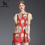 High Quality 2017 Runway Dress Women's Lace Sleeve Crystal Button Pockets Floral Embroidery Printed Straight Vintage Dress