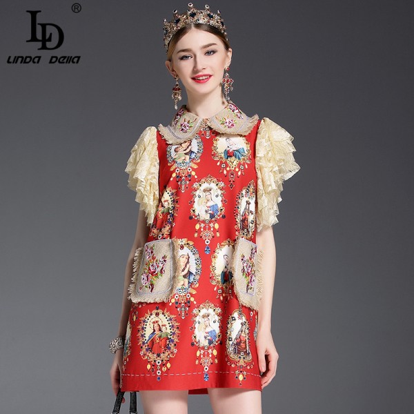 High Quality 2017 Runway Dress Women's Lace Sleeve Crystal Button Pockets Floral Embroidery Printed Straight Vintage Dress