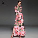 High Quality 2017 Runway Summer Maxi Dress Women's elegant Beading Long Sleeve Beach Boho Charming Rose Floral Print Long Dress