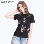 High Quality Animal Embroidery T-shirt Women Kawaii Pattern Short Sleeve Design Cotton T Shirt Women Black Tees Plus Size 207