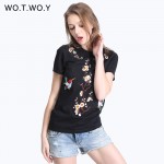 High Quality Animal Embroidery T-shirt Women Kawaii Pattern Short Sleeve Design Cotton T Shirt Women Black Tees Plus Size 207