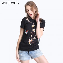 High Quality Animal Embroidery T-shirt Women Kawaii Pattern Short Sleeve Design Cotton T Shirt Women Black Tees Plus Size 207