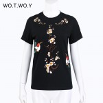 High Quality Animal Embroidery T-shirt Women Kawaii Pattern Short Sleeve Design Cotton T Shirt Women Black Tees Plus Size 207